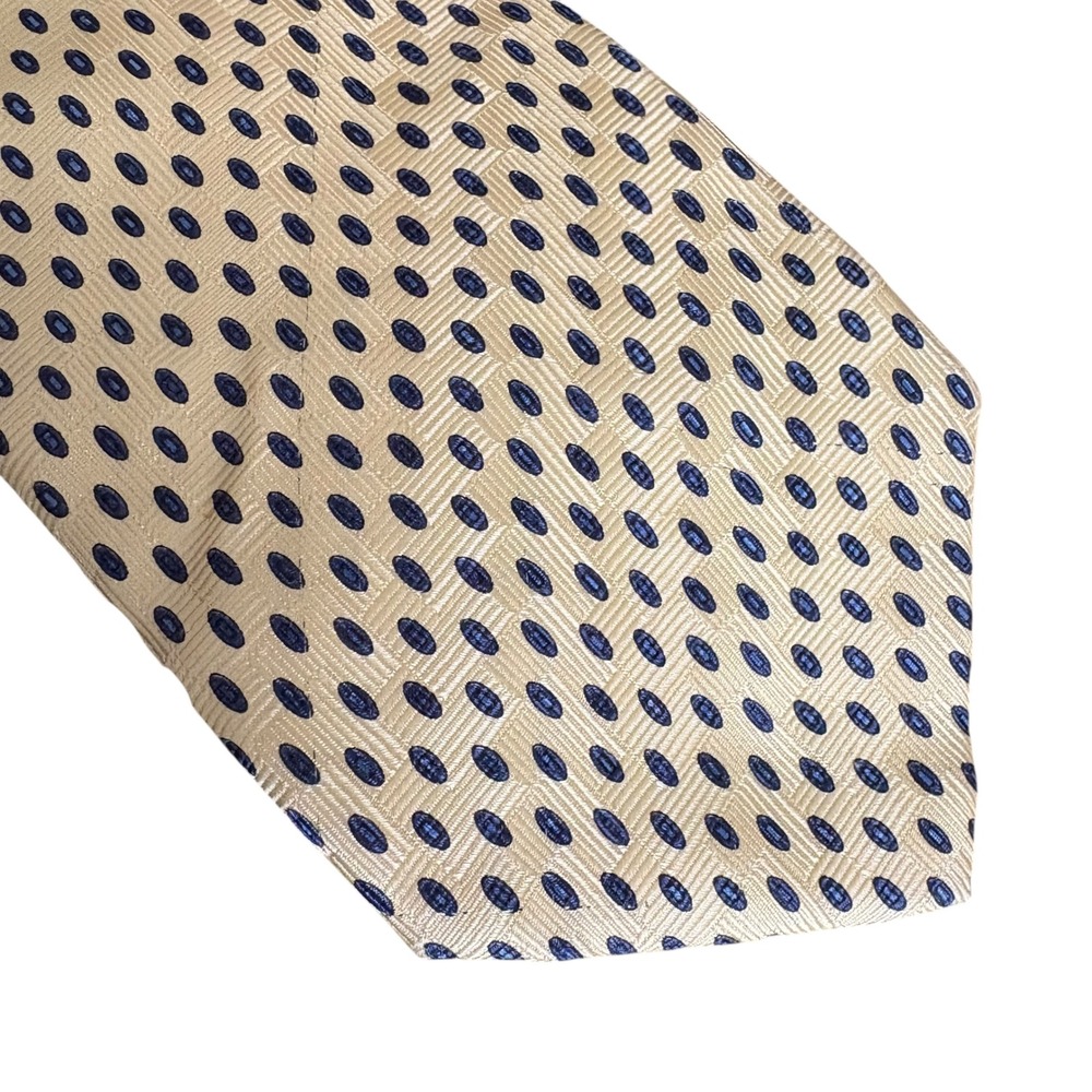 Savile Row 100% Silk Tie Gold Navy Oval‎ Dot Pattern Made in USA Men's Necktie